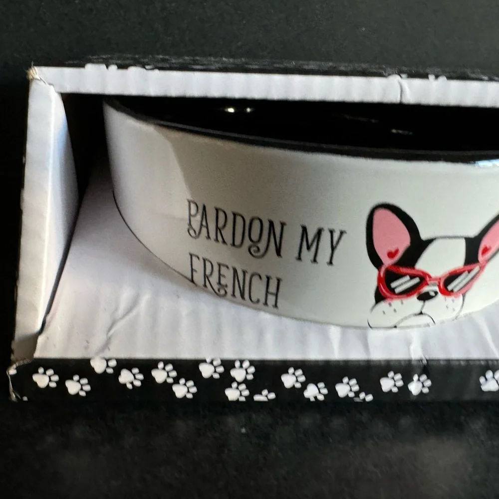 New In Box Pardon My French Set of 2 Ceramic Dog Bowls